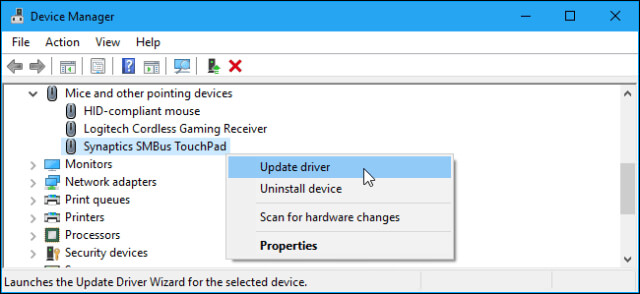 device manager update driver option